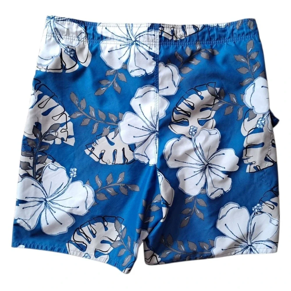 Joe Boxer Mens Swim Trunks Blue White Tropical Hibiscus Floral‎ Board Shorts L